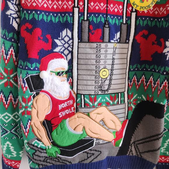 32 Degrees Mens Med Ugly Christmas Sweater North Swole Bodybuilder Drink Pocket - Picture 2 of 8